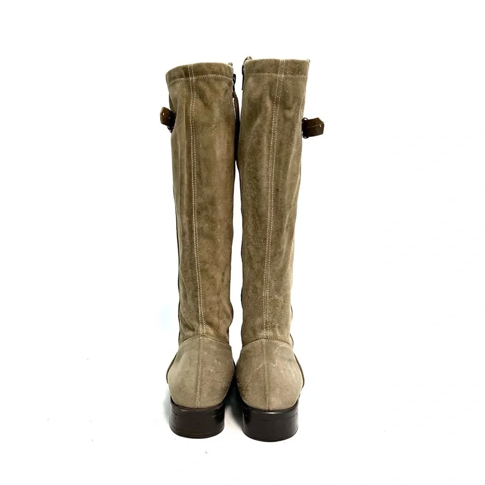 Vintage 1990s women’s tan suede zip up knee high fleece line buckle riding boots